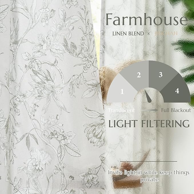 jinchan Floral Curtains 96 Inches Long Charcoal Grey Flower Linen Farmhouse - Image 3