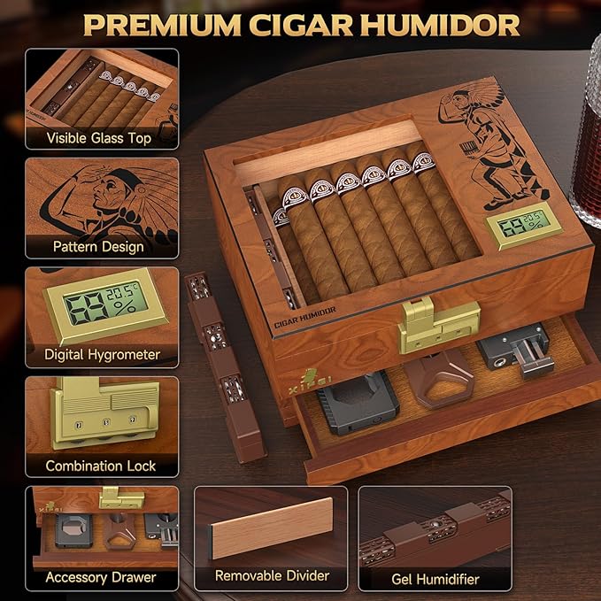 XIFEI Cigar Humidor Box, Cedar Wood Desktop Cigar Case - Image 2