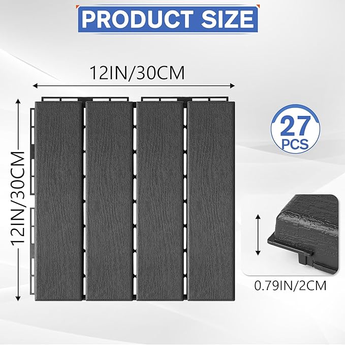 MYFAMIREA 27 Pcs Plastic Interlocking Deck Tiles 12" x 12" Patio Floor Decking - Image 2