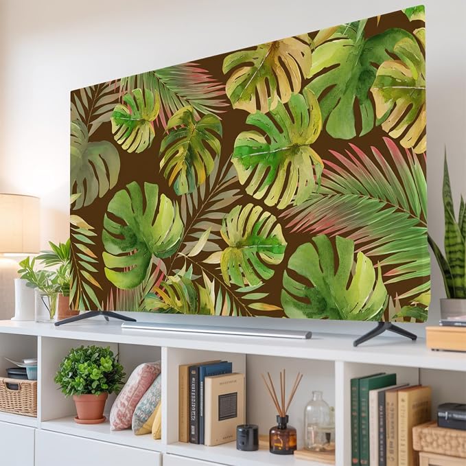 Abstract Olive Monstera Tropical Leaves Indoor TV Cover, Elastic TV Screen by Unknown