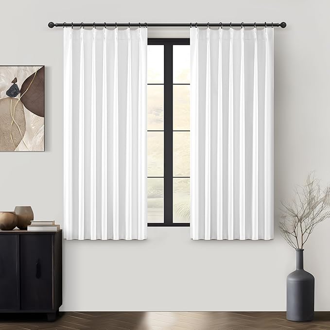 Bright White Heat Blocking Textured Pinch Pleated Cafe Short Curtains 45 Inch by QJMYDECO