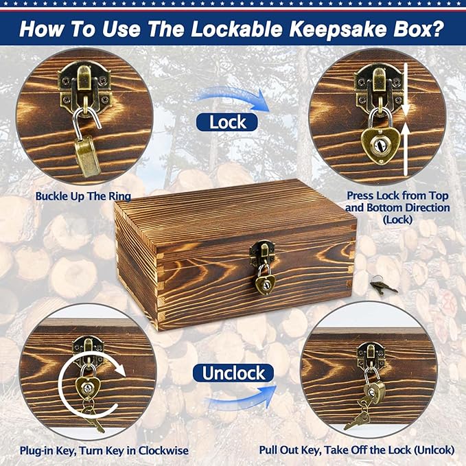 Wooden Box with Lock and Keys Hinged Lid Treasure Chest Memory Hobby - Image 6