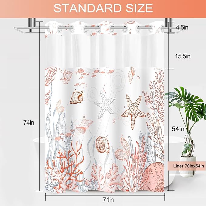 No Hook Shower Curtain with Snap in Liner, Beach Ocean Nautical Coastal Shower - Image 6