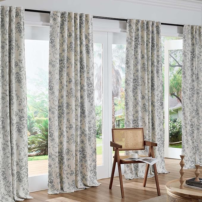 jinchan Blackout Linen Blend Curtain Grey Floral Blackout Curtains - Image 7