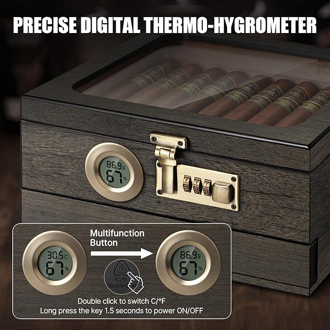 Cigar Humidor, Cedar Wood Humidor Cigar Box, Glass Top Desktop Humidor - Image 4