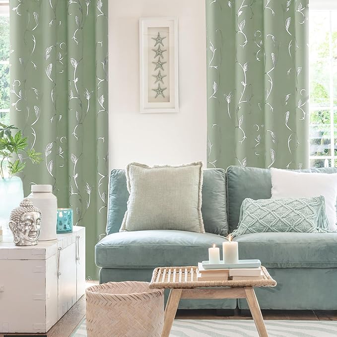 BUHUA Blackout Curtains Silver Foil Print Flower Vine Grommet Drapes, Room - Image 3