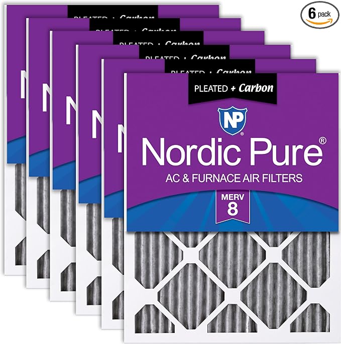 Nordic Pure 16x16x1 Pleated MERV 8 Plus Carbon Air Filters 6 Pack | Actual by NordicPure