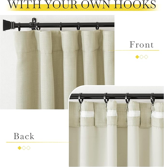 NICETOWN Room Darkening Faux Linen Beige Curtains 108 inches Long, Pinch - Image 3
