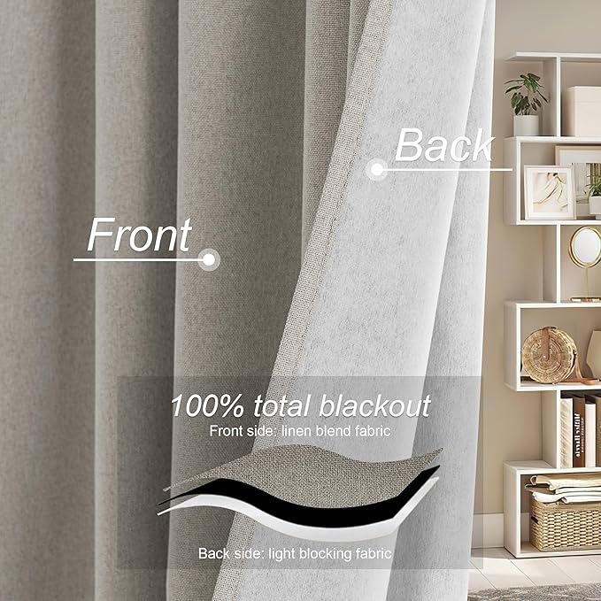RYB HOME 100% Blackout Silver Grey Curtains, Privacy Flax Linen Drapery - Image 4