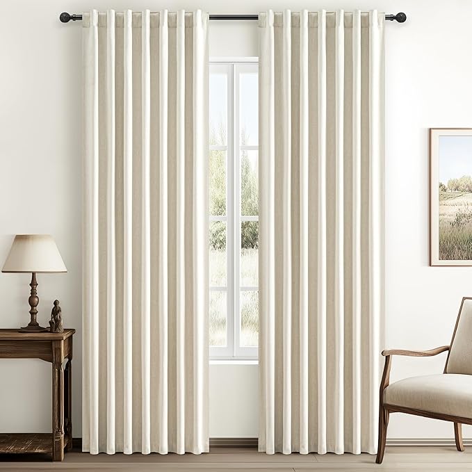 Warm Cream Thick Linen Black Out Curtains 84 Inch Long by QJMYDECO