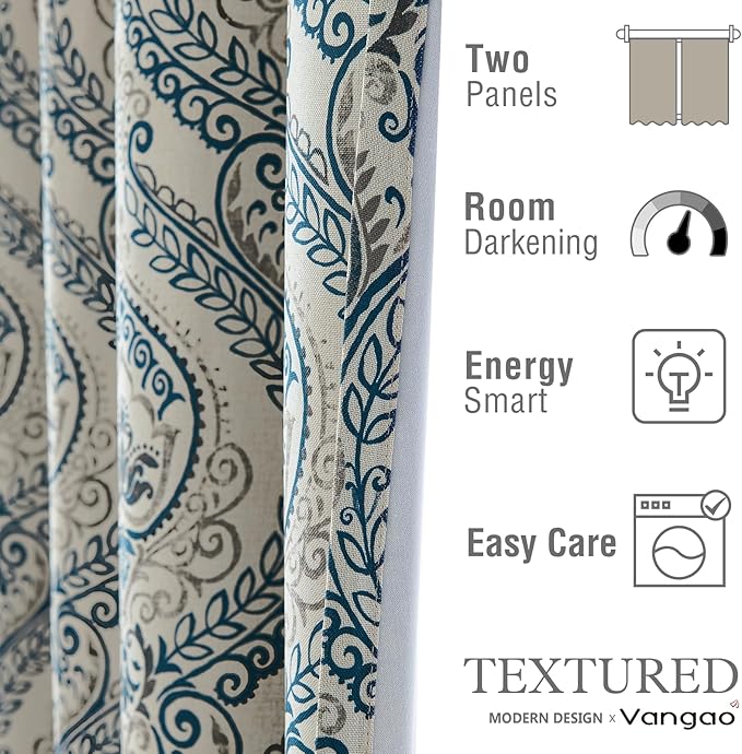 Vangao Vintage Damask Blue Curtains 96 Inch Blackout Curtains Linen Textured - Image 7