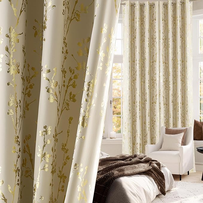 NICETOWN Gold Silver Printed 100% Blackout Floral Curtains by NICETOWN