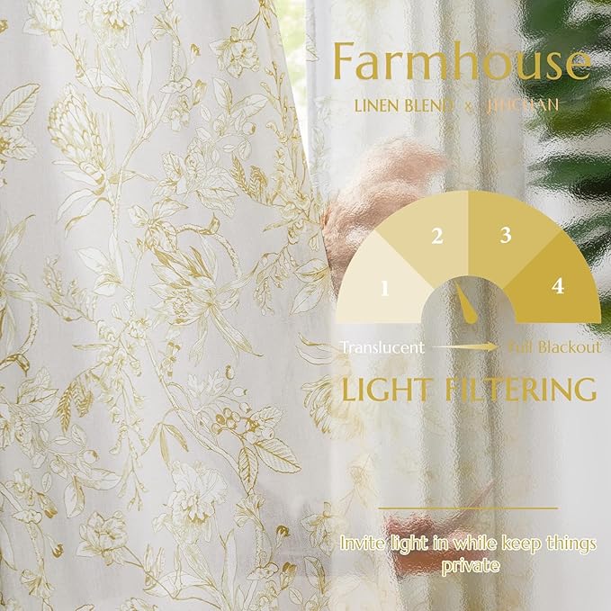 jinchan Floral Curtains 63 Inch Length Mustard Yellow Flower Linen Farmhouse - Image 3