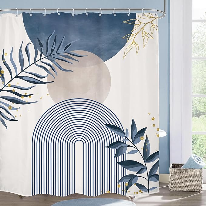 Blue Gray Boho Shower Curtain Dusty Blue Gold Leaves Modern Bohemian Abstract by MitpokBrand