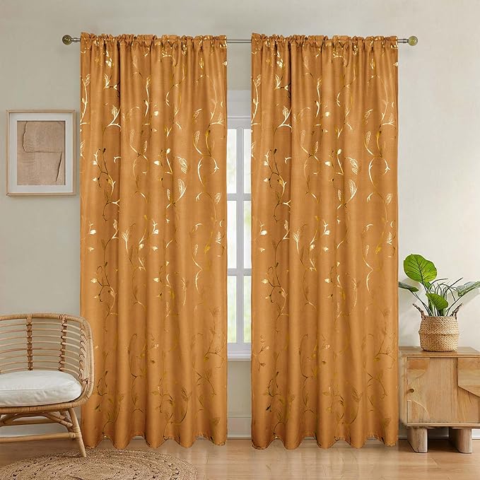 BUHUA Semi Sheer Curtain 2 Panels Gold Vine Foil Print Floral Textured Linen - Image 2