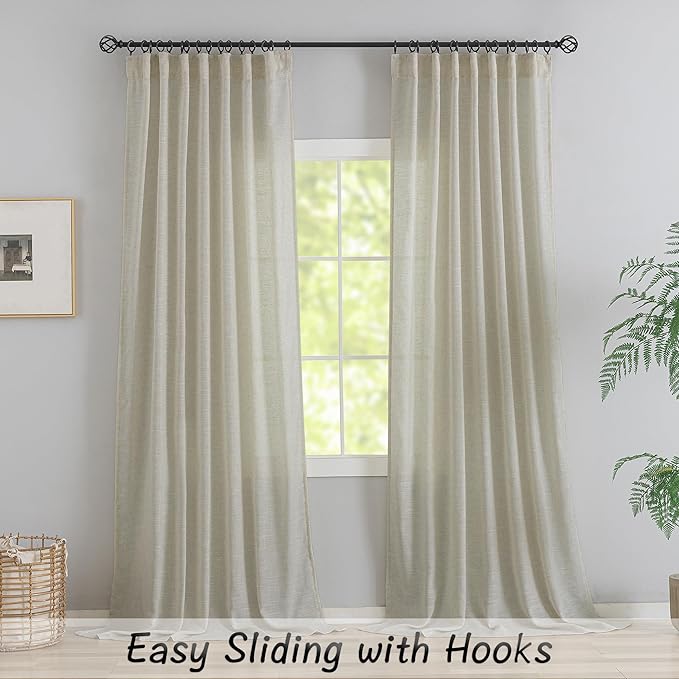Tan Beige Burlap Linen Back Tab Curtains 84 Inch Length - Image 2
