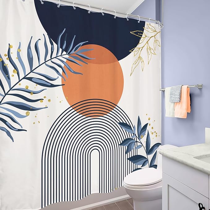 Navy Blue Boho Shower Curtain 72Wx72H Modern Abstract Bohemian Blue Gold Leaves - Image 4