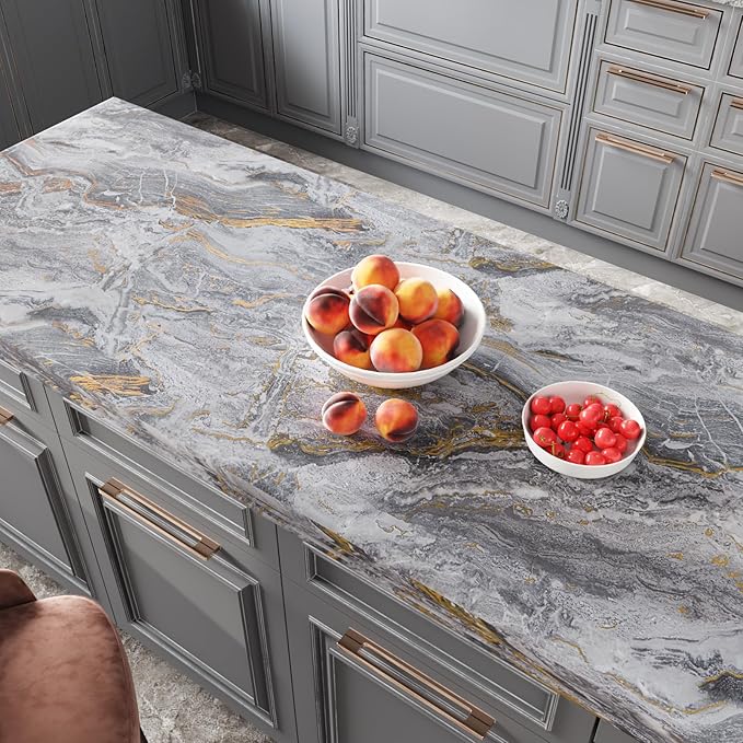 CRE8TIVE 12"x354" Gold Grey Marble Contact Paper Matte Slate Marble Wallpaper - Image 2