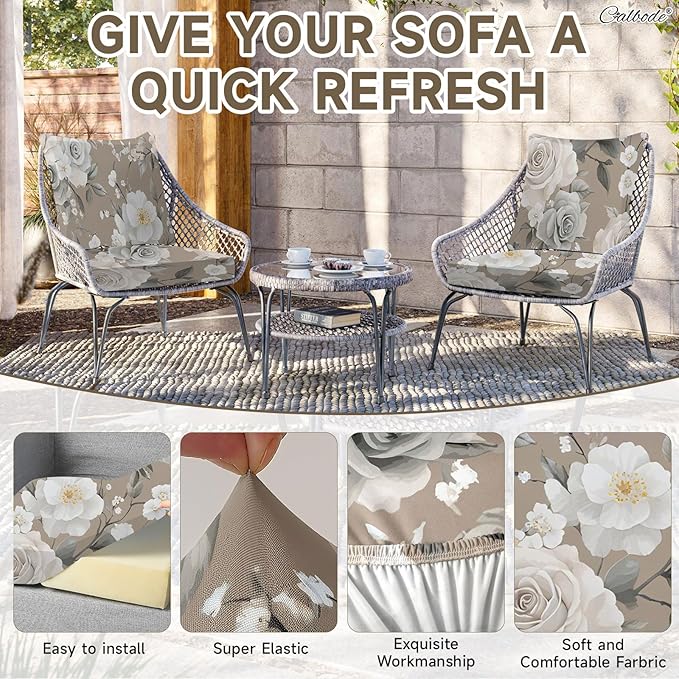 8Pcs Stretch Patio Cushion Cover, Vintage Floral Printed Couch & Sofa Slipcovers - Image 3