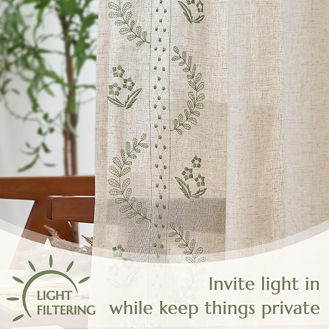 jinchan Belrose Linen Curtains for Bedroom Floral Curtains 96 Inch Length Linen - Image 5