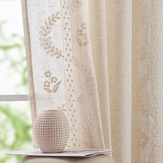 jinchan Belrose Linen Curtains for Bedroom Floral Curtains 63 Inch Length Linen - Image 2