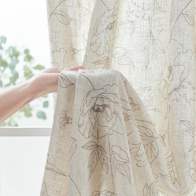 jinchan Floral Linen Curtains for Living Room 96 Inch Length Taupe Flower - Image 5