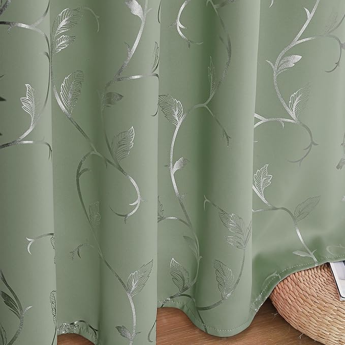 BUHUA Blackout Curtains Silver Foil Print Flower Vine Grommet Drapes, Room - Image 7