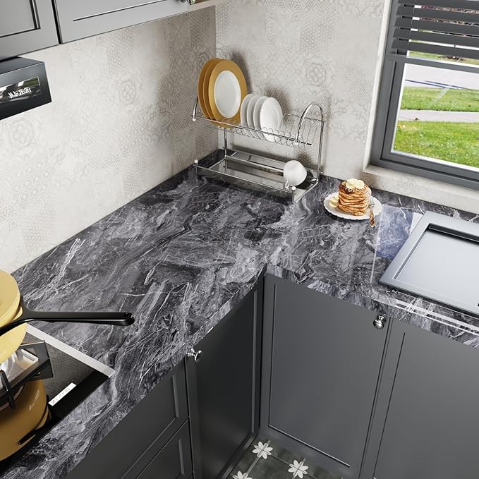 CRE8TIVE Dark Grey Silver Marble Contact Paper Waterproof 12"x354" Slate Marble - Image 3