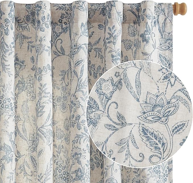 Vangao Lined Linen Curtains for Bedroom Floral Curtains 96 Inches Long Blue by Vangao