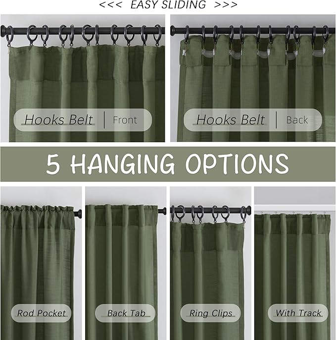 Olive Linen Back Tab Curtains 120 Inches Extra Long Ceiling to Floor - Image 3