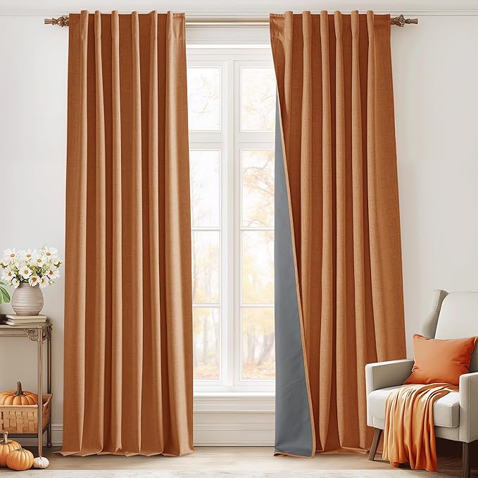 RYB HOME Burnt Orange Total Blackout Curtains Linen Texture, Fall Curtains by RYBHOME