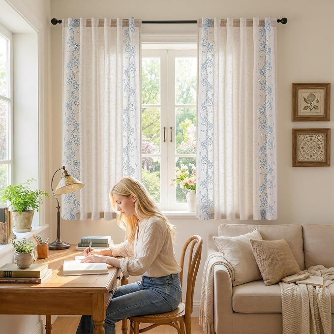 jinchan Evelyn Embroidered Linen Curtains 63 inch Floral Curtains - Image 6