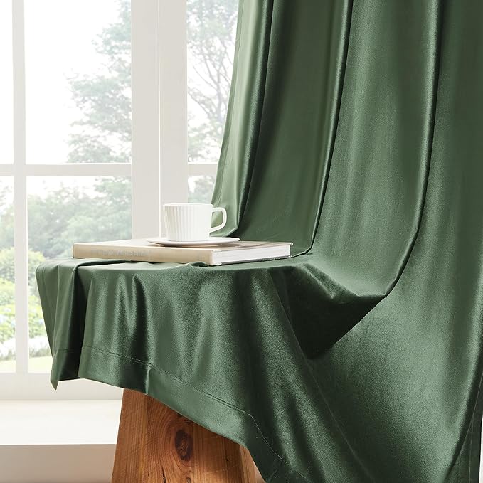 BULBUL Olive Green Velvet Curtains 63 inch Emerald Luxury Elegant Living Room - Image 6