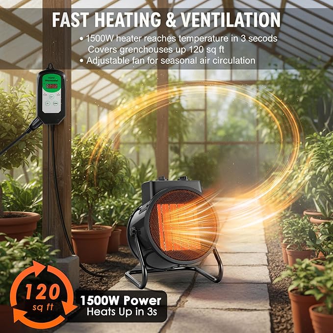 Greenhouse Heater with Thermostat & Hygrometer, 1500W/750W/24W Plant Heater Fan - Image 6