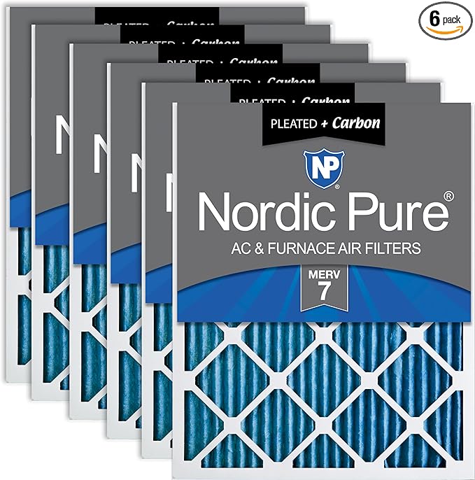 Nordic Pure 14x14x1 Pleated MERV 7 Plus Carbon Air Filters 6 Pack | Actual by NordicPure