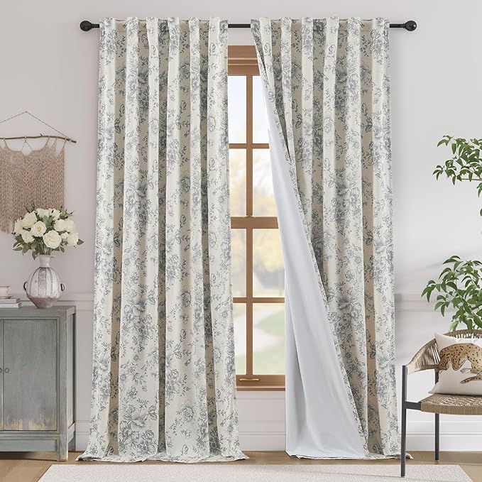 jinchan Blackout Linen Blend Curtain Gray Floral Blackout Curtains by JINCHAN