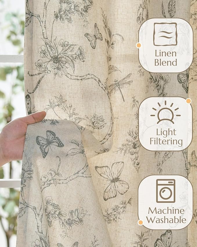 jinchan Floral Linen Curtains for Living Room 84 Inch Length Butterfly Curtain - Image 4