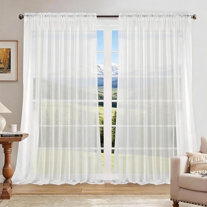 Dreaming Casa Solid Sheer Curtains Draperies White Rod Pocket 2 Panels 100" W x by DreamingCasa
