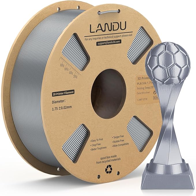 LANDU Silk PLA Filament 1.75mm Silver 1KG, 3D Printer Filament Dimensional by LANDU