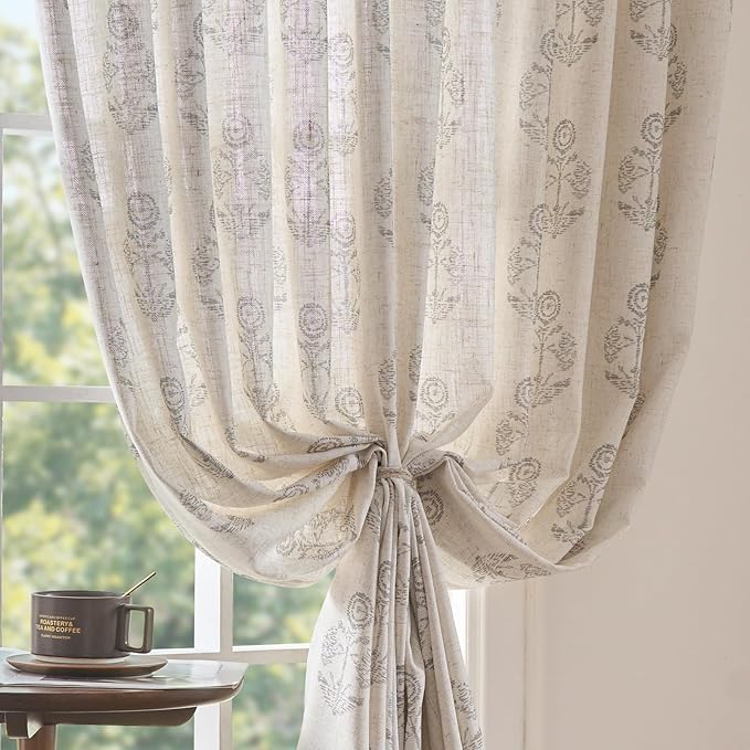 jinchan Linen Floral Curtains for Living Room 84 Inch Length Gray Flower - Image 7