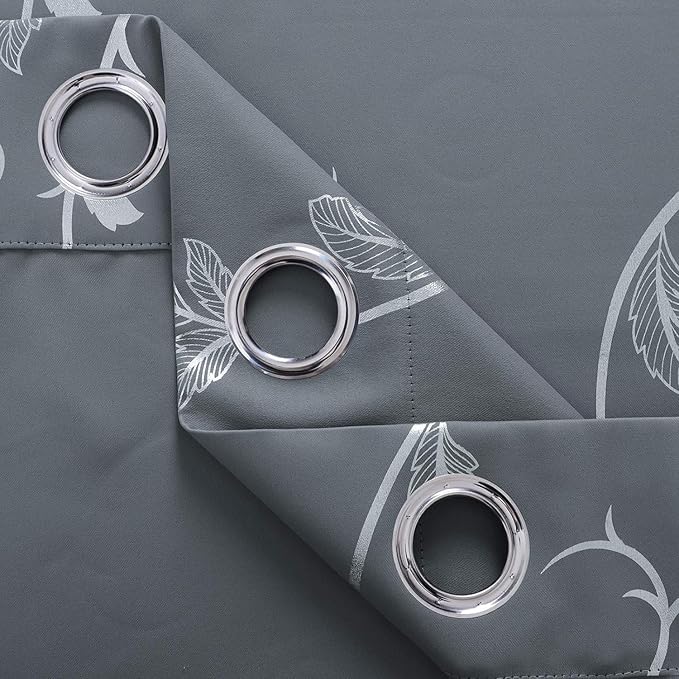 BUHUA Blackout Curtains Silver Foil Print Flower Vine Grommet Drapes, Room - Image 5