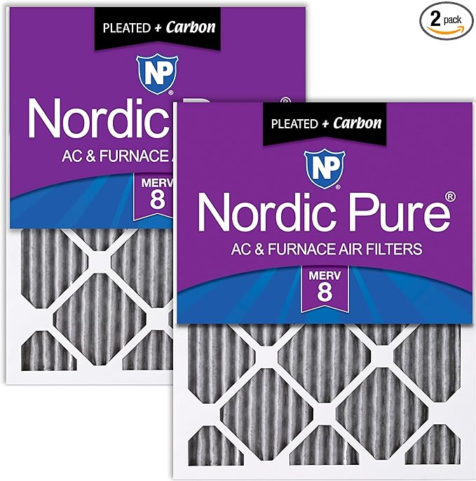 Nordic Pure 25x25x1 Pleated MERV 8 Plus Carbon Air Filters 2 Pack | Actual by NordicPure