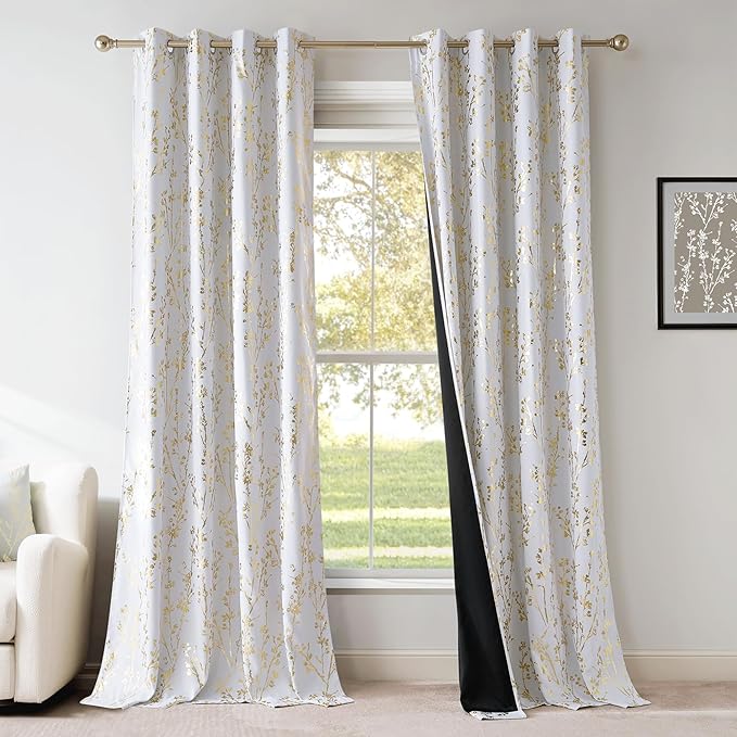 NICETOWN 100% Blackout White Curtains 63 inch Long, Grommet Branch Pattern Gold - Image 7