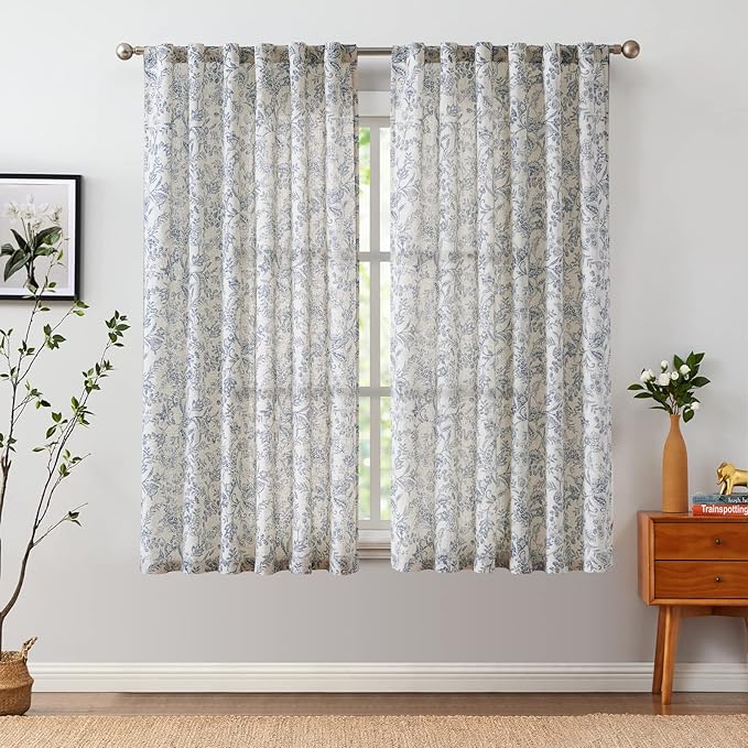Vangao Blue Floral Linen Curtains - Image 2