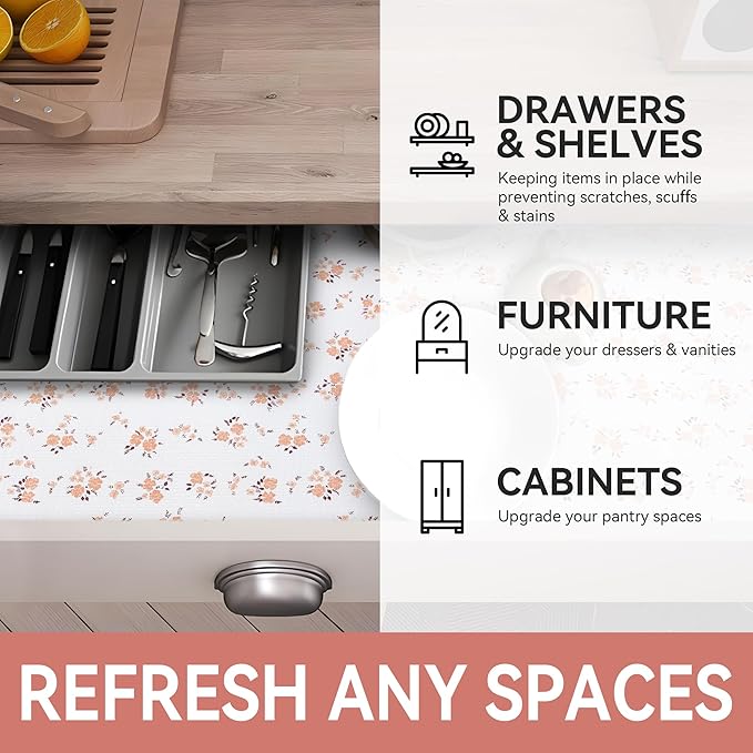 RAY STAR Shelf Liner, Non Adhesive Pink Orange Floral Printed Kitchen Cabinet - Image 6