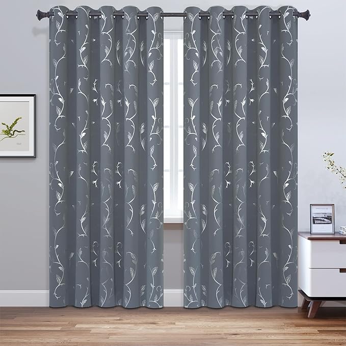 BUHUA Blackout Curtains Silver Foil Print Flower Vine Grommet Drapes, Room - Image 2
