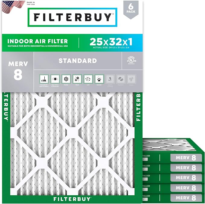 Filterbuy 25x32x1 Air Filter MERV 8 Essential Dust & Allergy Defense, by Filterbuy