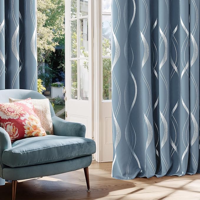 NICETOWN Vintage Blue Foil Print 90 inch Long Curtains - Image 3