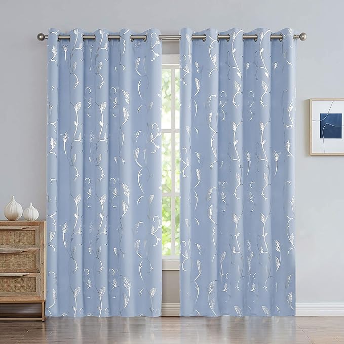BUHUA Blackout Curtain 2 Panel Set Silver Vine Foil Print Thermal Insulated - Image 2