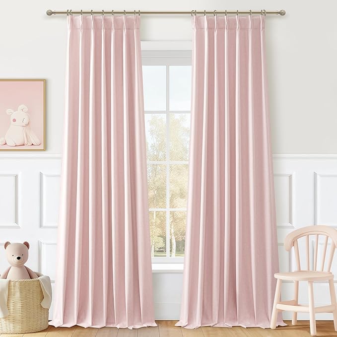 Pinch Pleated Heavy Flax Linen Baby Pink Curtains 90 Inches Long by QJMYDECO